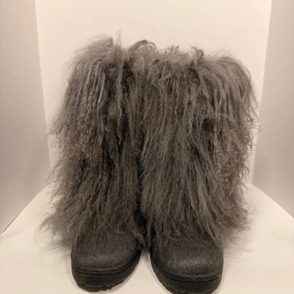 Bearpaw Boetis Grey Shaggy Fur Boots Cow Hair Curly Lamb Wool Sheep Womens 8